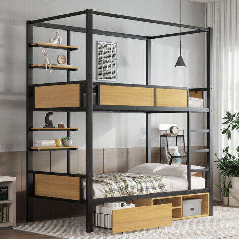 Lit superposé 90x200 cm avec tiroir, étagère et étagère à chaussures, structure en métal, escalier stable, design moderne, lit pour enfant, noir et naturel (1/5)