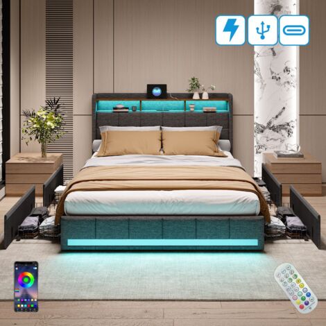 Dans Les Nuages – Lit double 140x190 cm avec 4 tiroirs de rangement – Éclairage LED – Port USB-C intégré – Sommier à lattes en bois – Cadre métal gris
