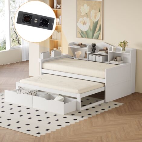 Dans Les Nuages – Lit gigogne 90x190 cm avec 2 tiroirs – USB charge intégrée – Étagère de rangement – Sommier à lattes en bois – Cadre en métal – Blanc (1/5)