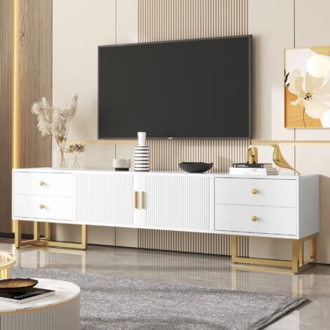 Dans Les Nuages – Meuble TV 175 cm en bois blanc – 2 tiroirs et 2 portes texturées – Étagère avec pieds et poignées en métal doré – Charnières amorties