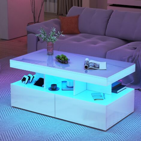 Dans Les Nuages – Table basse fixe rectangulaire 104 cm en bois blanc – Éclairage LED ajustable – 2 tiroirs de rangement – Plateau brillant moderne