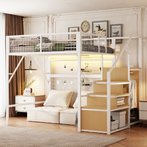 Lit mezzanine 140x200 cm, 2 places, avec lumière LED contrôlable via app, escalier avec rangement et penderie ouverte, cadre en métal, pour enfants et adolescents - Blanc