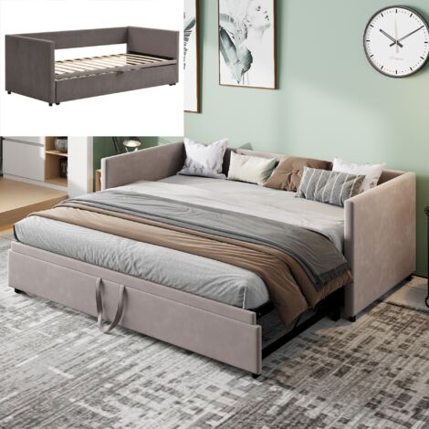 Dans Les Nuages – Lit gigogne extensible 90x200 cm/180x200 cm – Sommier à lattes en bois – Velours gris – Accoudoirs rembourrés pour confort