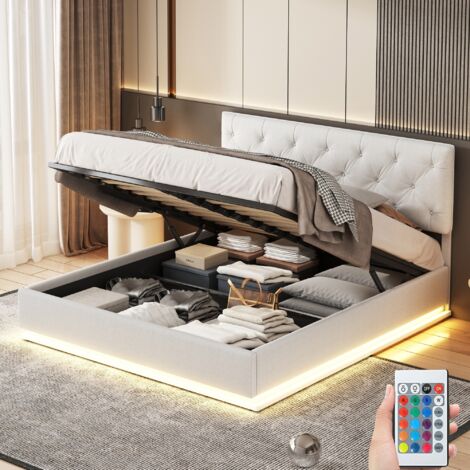 Dans Les Nuages – Lit coffre 140x190 cm – Eclairage LED télécommandé – Rangement hydraulique – Sommier à lattes en bois – Cadre métal capitonné lin beige