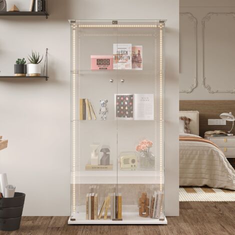 Vitrine en verre trempé pour collection, vitrine avec 2 portes coulissantes, serrure et poignée métallique, meuble de rangement - hauteur 163 cm, 4 étagères, bandes lumineuses à LED, blanc