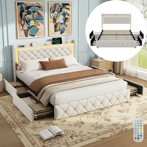Lit double 140x190 cm en velours beige, avec 2 tiroirs de rangement, sommier à lattes en bois, tête de lit avec éclairage LED et port USB et décorée de rivets