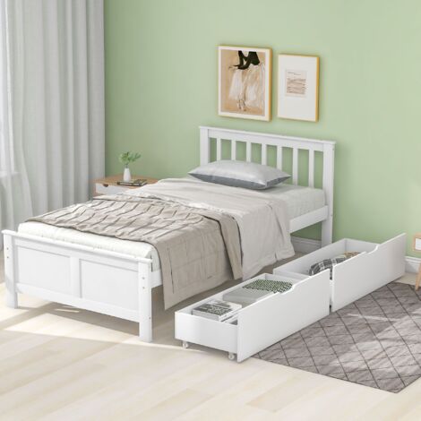 Dans Les Nuages – Lit simple 90x200 cm avec 2 tiroirs – Sommier à lattes en bois – Tête de lit avec grille verticale – Lit enfant en pin blanc (1/5)