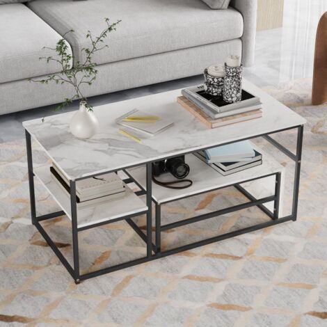 Table basse gigognes rectangulaire, effet marbre design moderne avec cadre métallique, étagères, lot de 2 table modulable et multifonctionnelle - Noir et blanc (1/5)