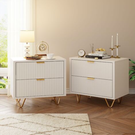 Dans Les Nuages – Lot de 2 tables de chevet scandinaves – 2 tiroirs de rangement – Bois MDF et métal doré – Dimensions 49x29x47 cm – Blanc (1/5)