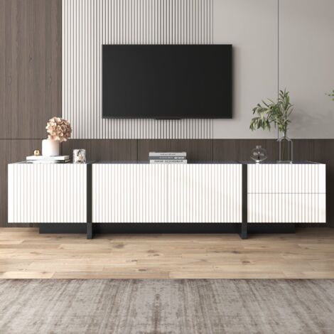 Meuble TV 190 cm, avec 3 portes, 2 tiroirs de rangement, étagères, décoration lignes, style scandinave, meuble salon en bois - Blanc