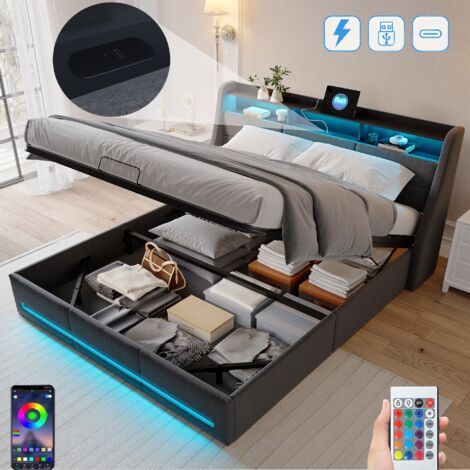 Dans Les Nuages – Lit coffre 160x200 cm avec éclairage LED – Rangement hydraulique – USB-A/C charge – Sommier à lattes en bois – Cadre métal capitonné lin gris