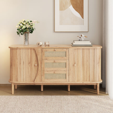 Commode 140 cm, rectangulaire, avec 3 tiroirs en rotin, 2 portes de rangement, pieds en bois massif, vintage, meubles de salon en bois - Blanc (1/5)