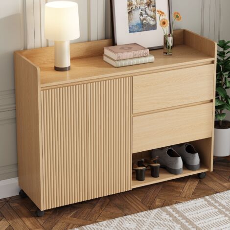 Nmonet – Meuble à chaussures mobile 110 cm – 2 tiroirs et étagères réglables – Roulettes freinées pour mobilité – Rangement pour 8 paires
