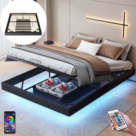 Dans Les Nuages – Lit coffre 160x200 cm 2 places – Cadre en métal et lattes de bois – Éclairage LED intégré – Système de levage hydraulique – Rangement optimisé
