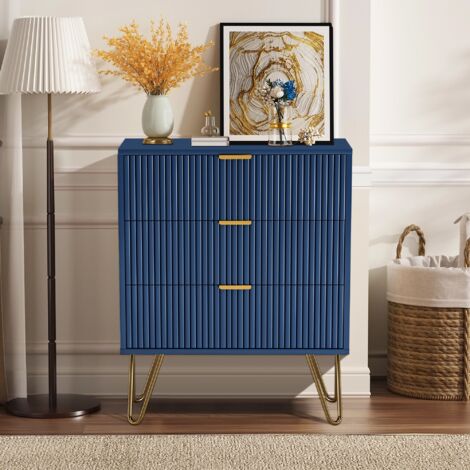 Dans Les Nuages – Commode rectangulaire 70 cm avec 3 tiroirs – Bois MDF et métal – Design moderne à rayures – Couleur bleu – Meuble de salon (1/5)