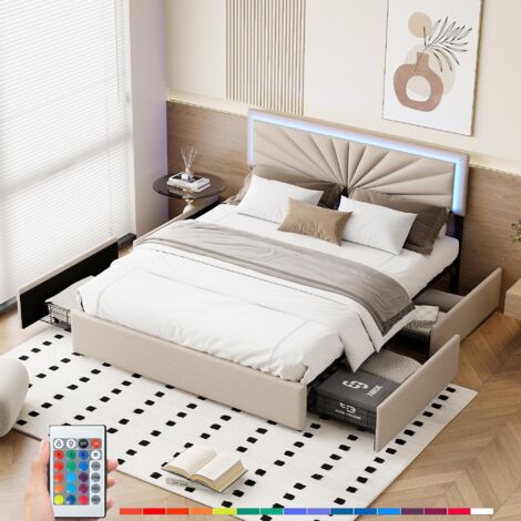Dans Les Nuages – Lit double capitonné 160x200 cm – Tissu lin beige – Éclairage LED télécommandé – 4 tiroirs de rangement – Style scandinave moderne