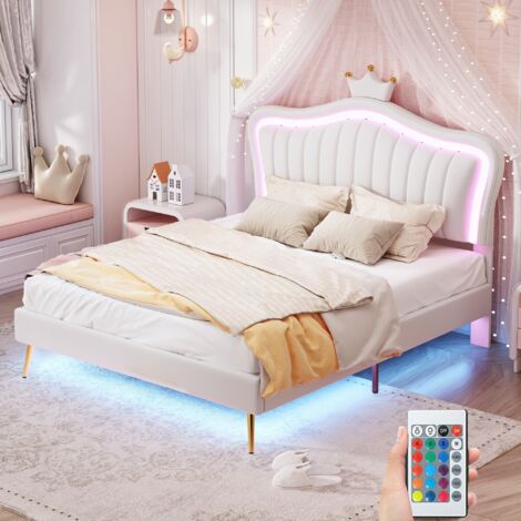 Lit simple 140x200 cm, tissu similicuir, avec éclairage LED, tête de lit en forme de couronne, sommier à lattes, lit capitonné - Blanc (1/5)