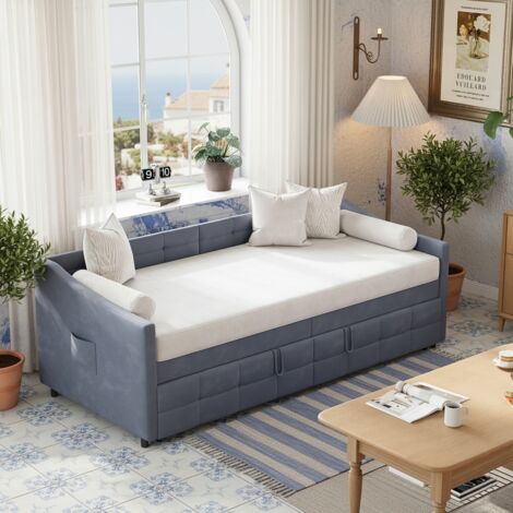 Nmonet – Lit gigogne 90x190 cm – Canapé-lit extensible en velours bleu – Sac de rangement – Sommier à lattes en bois – Design moderne