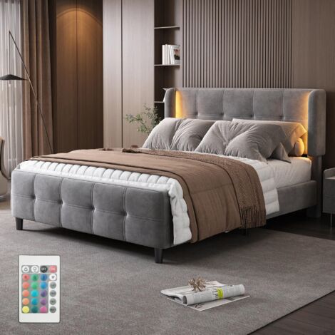 Lit double capitonné 140x200 cm, avec éclairage LED, tête de lit réglable hauteurs, Sommier à lattes en bois, cadre en métal, lit adulte en velours - Gris (1/5)