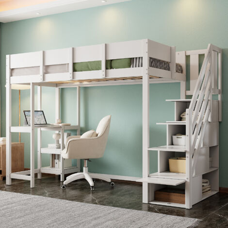 Lit Mezzanine 90x200 cm, Lit Simple avec Espace de Rangement, en Bois de Pin Massif avec Sommier à Lattes, Lit pour Enfants et Adolescents - Blanc