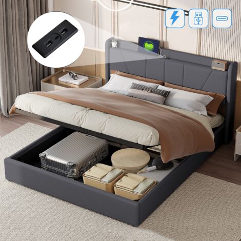 Dans Les Nuages – Lit coffre 160x200 cm avec USB-C – Rangement hydraulique – Sommier à lattes en bois – Cadre métal capitonné lin gris