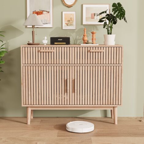 Commode 100cm, rectangulaire, avec 2 tiroirs, 2 portes de rangement, pieds en bois de pin, campagnard, meubles de salon en bois - Naturel
