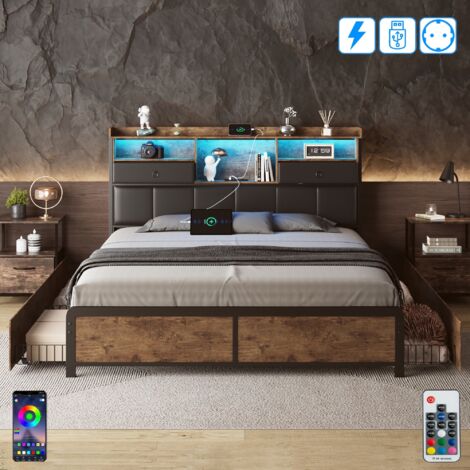 Dans Les Nuages – Lit double 160x200 cm avec 4 tiroirs – Tête de lit capitonnée similicuir – Éclairage LED et ports USB – Style industriel vintage – Sommier à lattes en bois