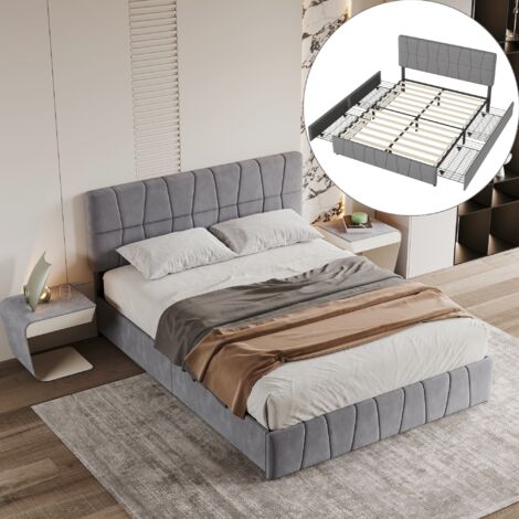 Dans Les Nuages – Lit double 160x200 cm avec 4 tiroirs de rangement – Tête capitonnée en velours gris – Style moderne – Charge jusqu'à 200 kg (1/5)