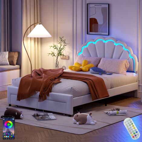 Dans Les Nuages – Lit double 140x190 cm avec 2 tiroirs – Tête de lit capitonnée en velours blanc – Éclairage LED multicolore – Sommier à lattes en bois