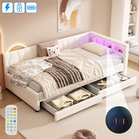 Lit simple 90x200 cm, 2 places, avec LED, 2 tiroirs de rangement, Port USB, sommier à lattes en bois, cadre en métal, lit de Jour capitonné en Lin - Beige (1/5)