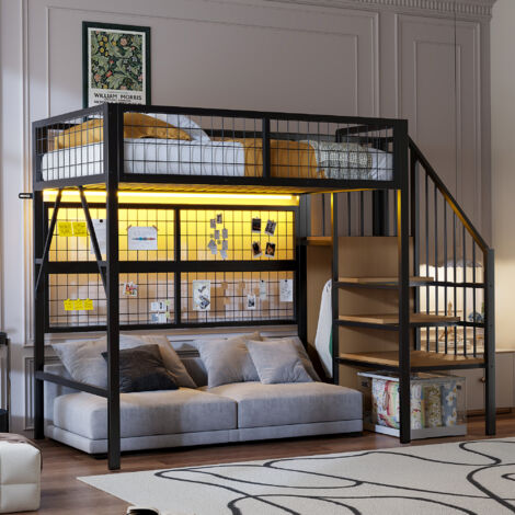 Lit mezzanine 90x200 cm, 1 place, avec lumière LED contrôlable via app, escalier avec rangement et penderie ouverte, cadre en métal, lit simple pour enfants et adolescents - Noir
