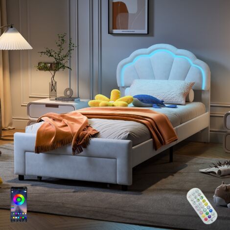Dans Les Nuages – Lit simple 90x190 cm avec éclairage LED – Tiroir de rangement – Tête de lit fleur en velours – Sommier à lattes en bois – Blanc