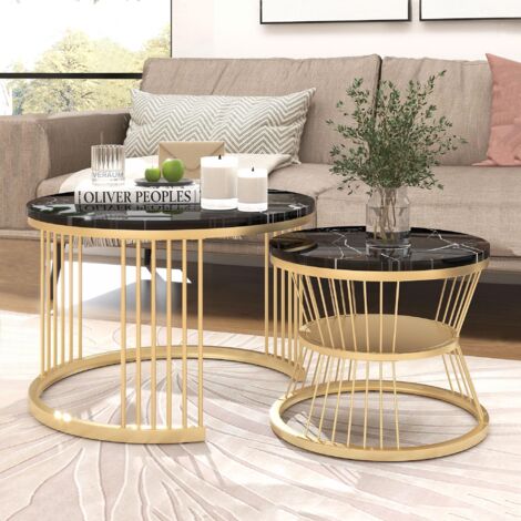 Dans Les Nuages – Lot de 2 tables basses gigognes rondes 70 cm – Plateau brillant en bois effet marbre PVC – Pieds en métal – Design moderne noir