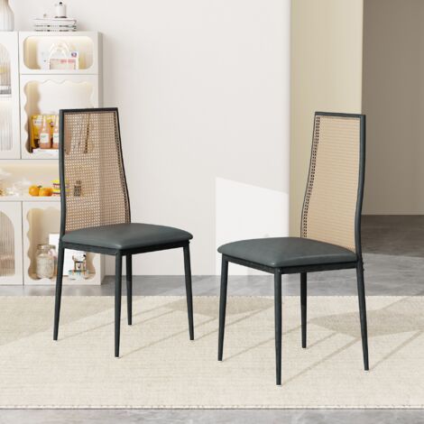 Lot de 2 Chaise, avec pieds en métal, dossier haut en polyrotin, Conception creuse, chaises à manger en capitonné - Noir (1/5)