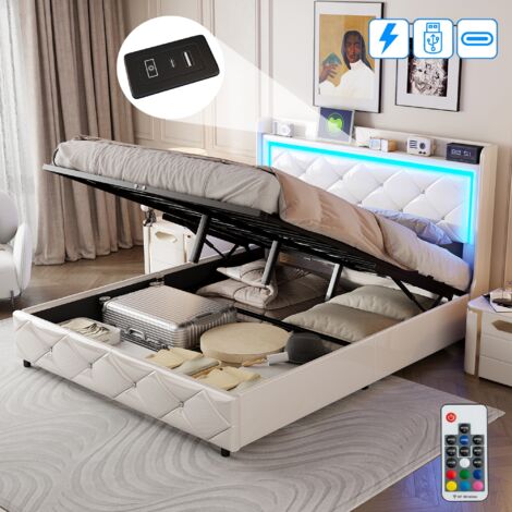 Dans Les Nuages – Lit coffre 140x190 cm avec rangement – Tête de lit rembourrée – Éclairage LED et ports USB – Structure en métal et similicuir blanc (1/5)