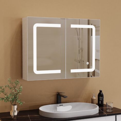 Dans Les Nuages – Armoire miroir murale de salle de bain 80cm – Éclairage LED ajustable – 2 portes et 3 étagères en verre – Bois MDF blanc moderne