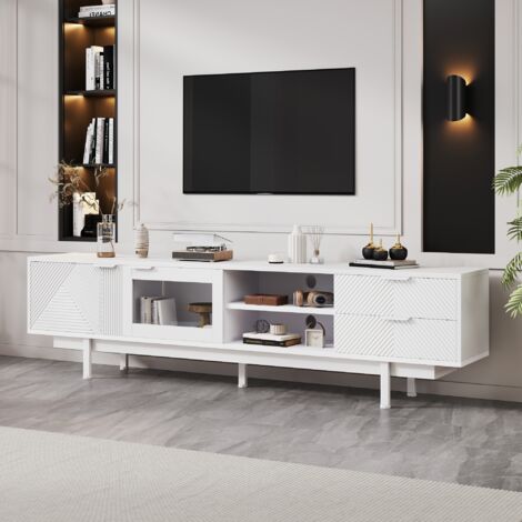 Meuble TV 200 cm style moderne avec 2 portes, 2 tiroirs et 2 étagères - Banc tele Lowboard avec grand espace de rangement pour salon - Blanc (1/5)