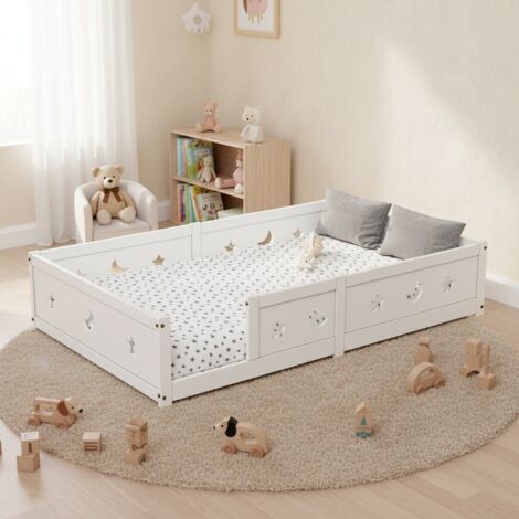 Nmonet – Lit simple 140x190 cm en pin massif blanc – Barrières motifs étoiles et lune – Sommier à lattes pour ventilation optimale