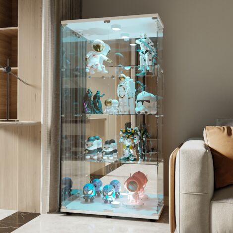 Dans Les Nuages – Vitrine en verre de sécurité trempé avec éclairage LED – 4 étagères en bois massif – Dimensions 80x36x164cm – Pour bureau, salon, cuisine – Blanc