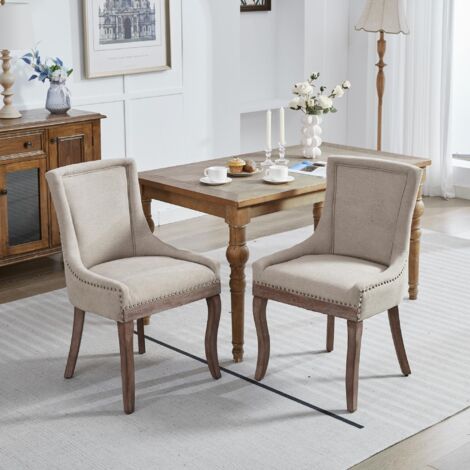 Lot de 2 chaise de salle à manger, chaises en bois et tissu épaissi avec pieds en bois massif, style classique, décoration de clous en bronze - Beige