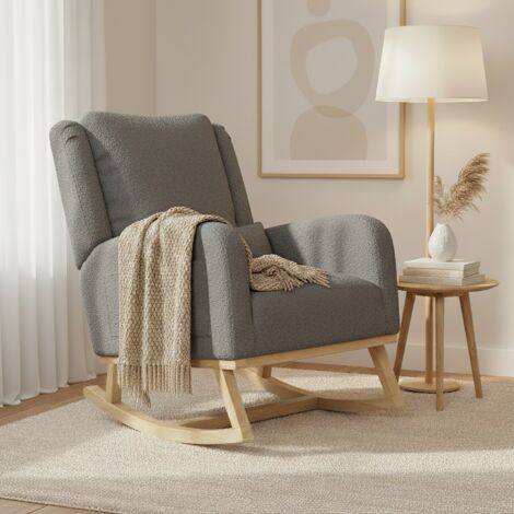 Rocking chair, tissu teddy, fauteuil à bascule avec accoudoirs et, dossier, pieds en bois, avec poches de rangement latérales - Gris