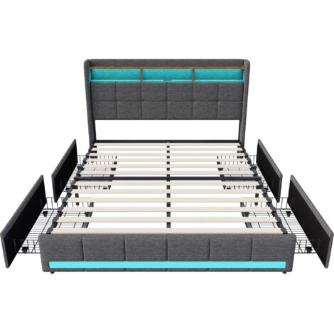 Lit capitonné 140x200 cm avec 4 tiroirs - sommier à lattes en bois massif, éclairage LED, tête de lit avec port USB/Type-C, rangements ouverts, lin - Gris (1/5)