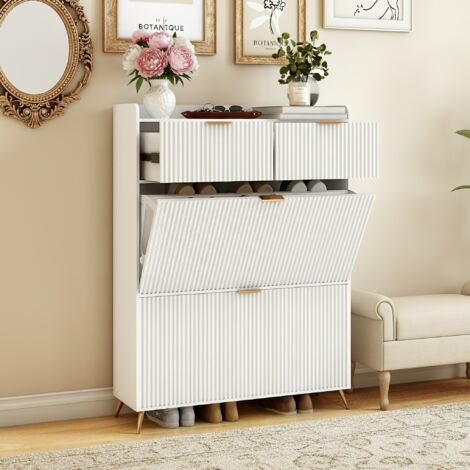 Nmonet – Meuble à chaussures 80x24x110 cm – 2 tiroirs et 2 portes – Rangement pour 12 paires – MDF et métal – Blanc moderne (1/5)