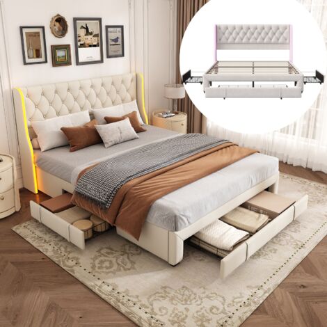 Lit adulte capitonné 160x200 cm avec 3 tiroirs, velours, éclairage LED, sommier à lattes en bois massif, nombreux rangements, lit double scandinave - Beige (1/5)