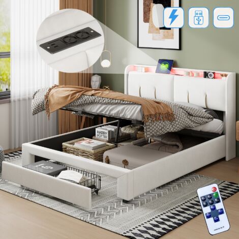 Dans Les Nuages – Lit coffre 140x200 cm 2 places avec LED et ports USB – Tiroirs de rangement spacieux – Sommier à lattes en bois et cadre en métal – Velours beige