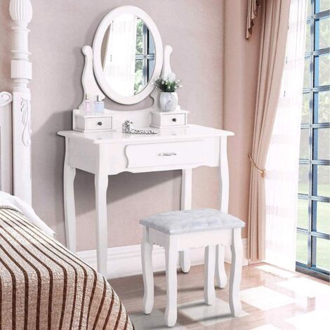 Dans Les Nuages – Coiffeuse enfant en bois blanc avec miroir ovale 360° – 3 tiroirs spacieux – Dimensions 75x40x136 cm – Tabouret en bois sculpté
