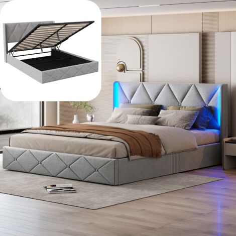 Dans Les Nuages – Lit coffre 160x200 cm 2 places – Tête de lit LED – Rangement hydraulique – Sommier à lattes bois – Cadre métal – Velours gris