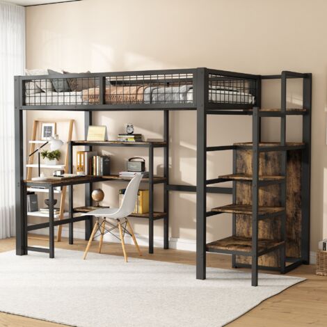 Lit mezzanine 90x200 cm, avec armoire, bureau, escalier, étagères, sommier à lattes, cadre en métal, clôture de sécurité, lit enfants - Noir (1/5)