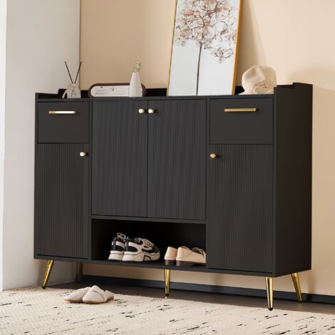 Meuble à chaussures 130cm, avec 4 portes, 3 tiroirs de rangement, étagères, poignées en métal, pour jusqu'à 12 paires de chaussures - noir (1/5)