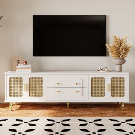 Meuble TV 175 cm, avec 4 portes en rotin, 2 tiroirs, Pieds en métal, poignée en métal, style Scandinave, Meuble de salon - Blanc (1/5)